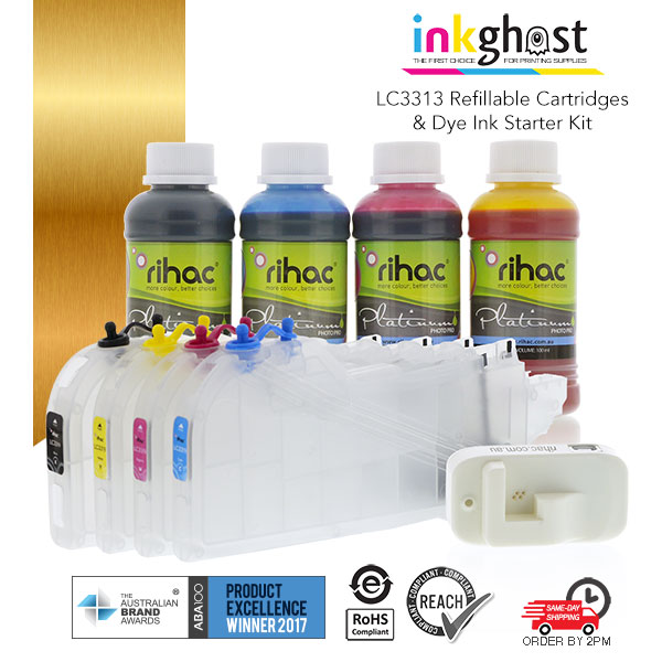 Rihac compatible Brother LC3311 LC3313 refillable cartridges and inks starter kit for MFC-J491DW, MFC-J890DW, DCP-J772DW printers with resetting chips and chip resettter